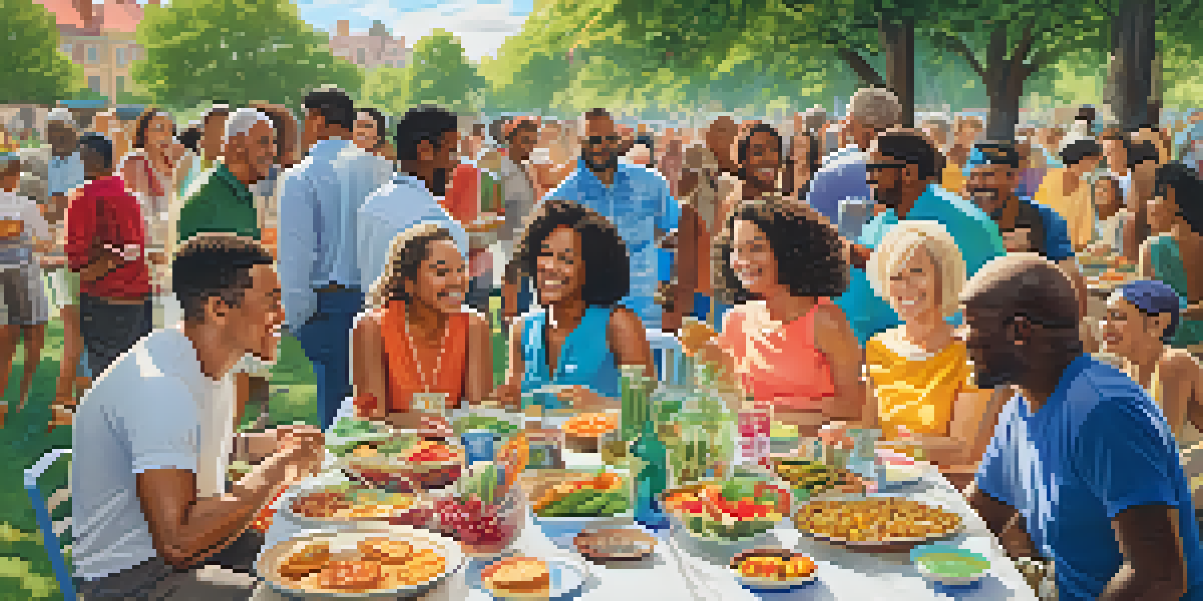 A diverse group of people enjoying a community potluck in a park, with colorful food and decorations.