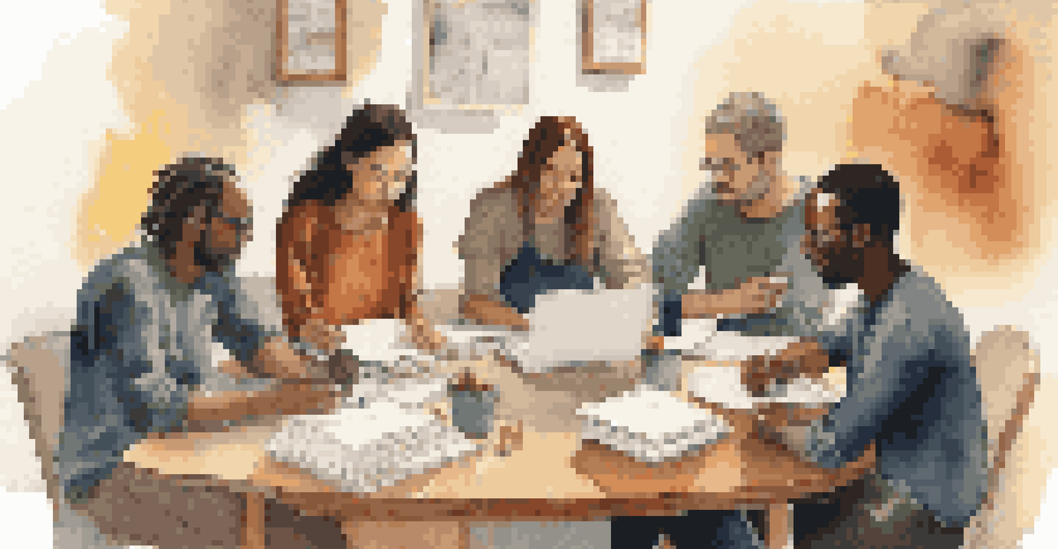 A group of individuals collaborating on a creative writing project, seated around a table with notebooks and laptops, in a warm and inviting setting.