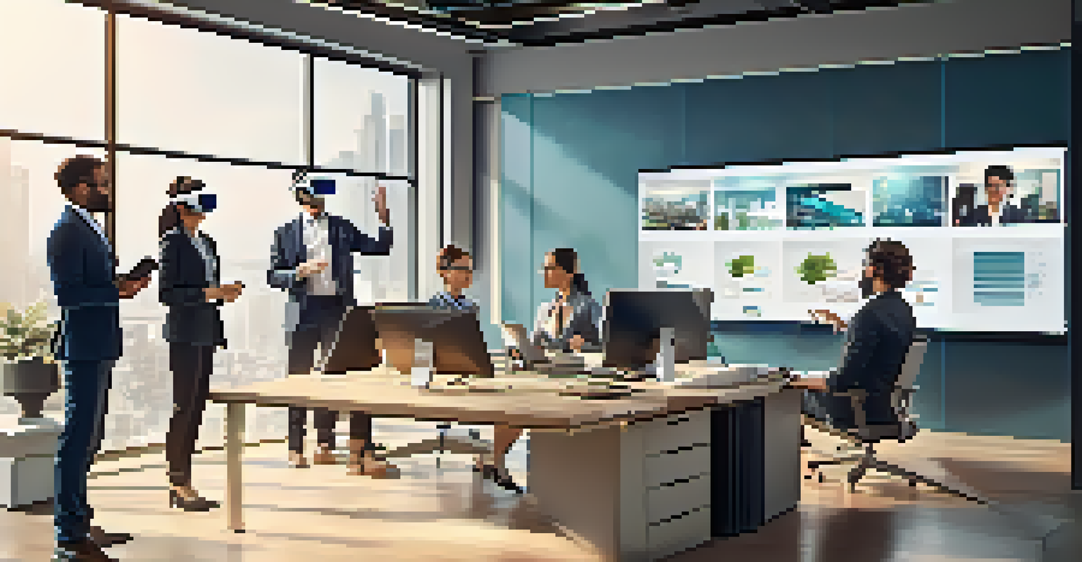 Employees in a VR training session interacting with a virtual customer in a modern office setting.