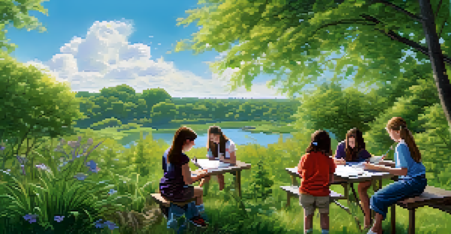 Students exploring nature outdoors, collecting samples and taking notes, surrounded by greenery under a clear blue sky.