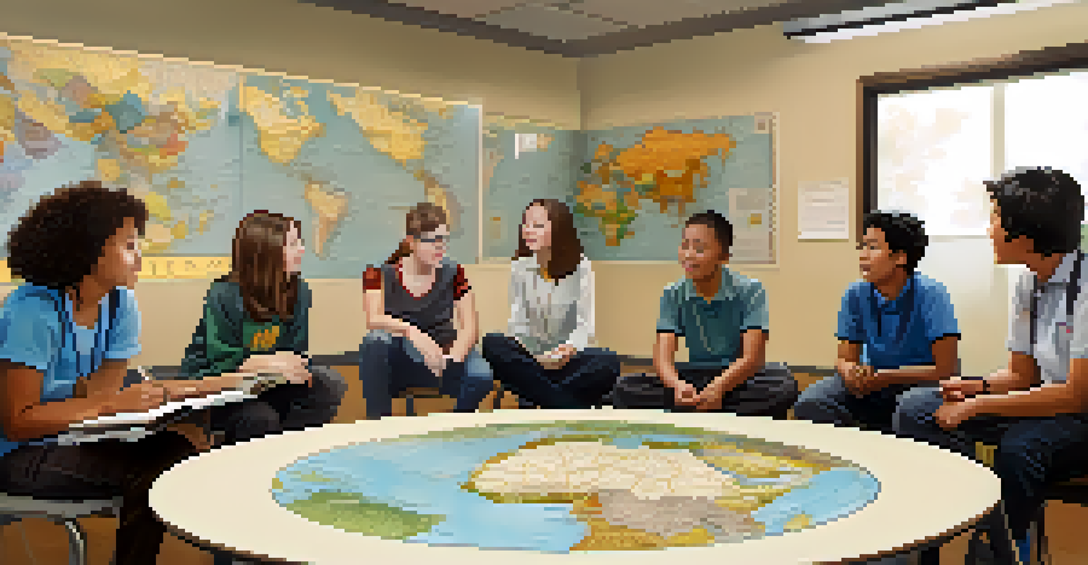 A diverse classroom with students discussing their cultures in a circular arrangement.