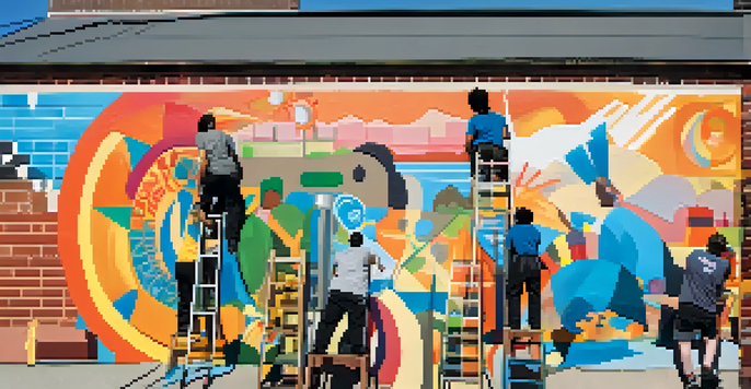 A group of students and local artists painting a colorful community mural in an urban setting, with bright sunlight and joyful expressions.