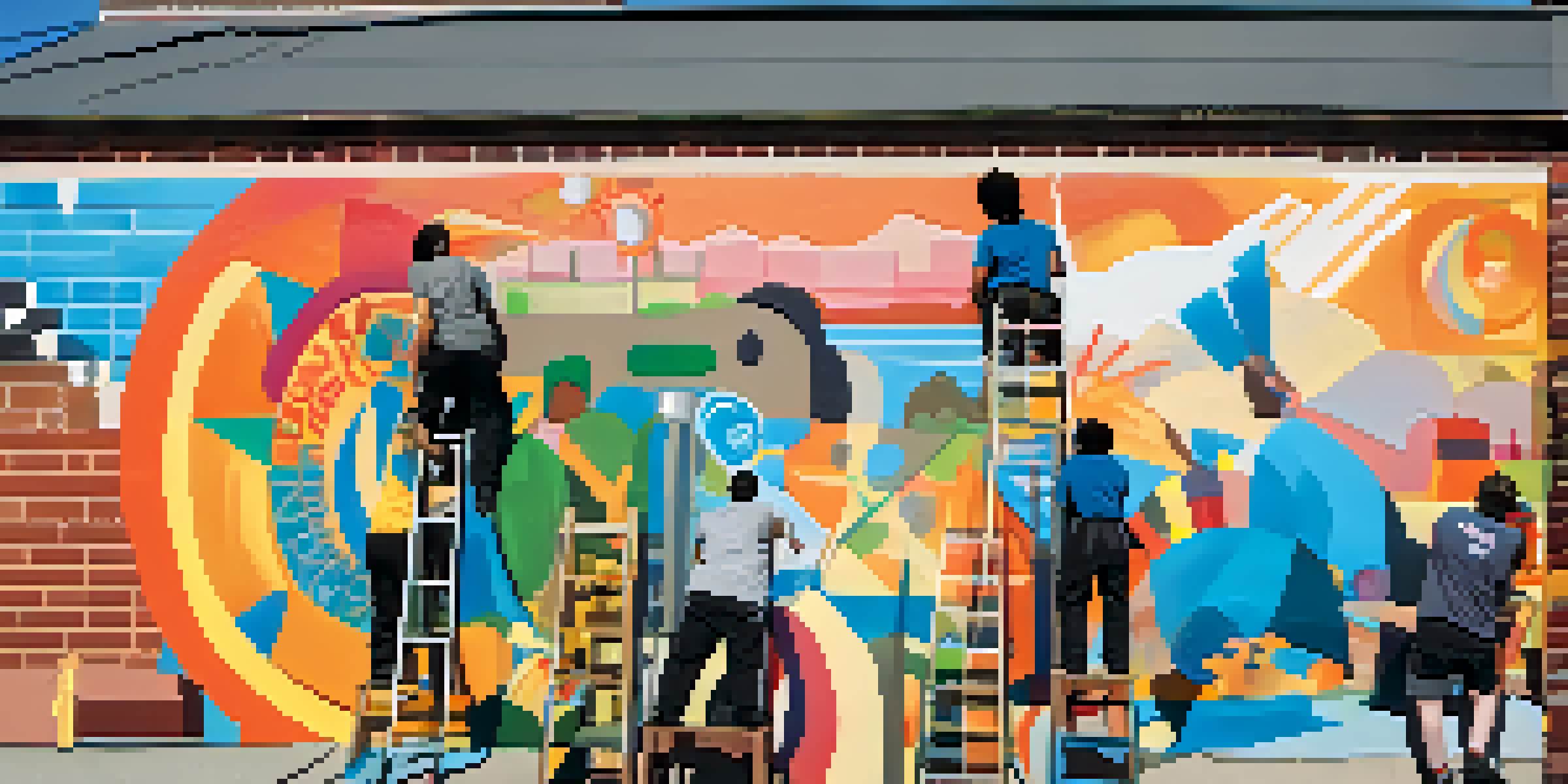 A group of students and local artists painting a colorful community mural in an urban setting, with bright sunlight and joyful expressions.