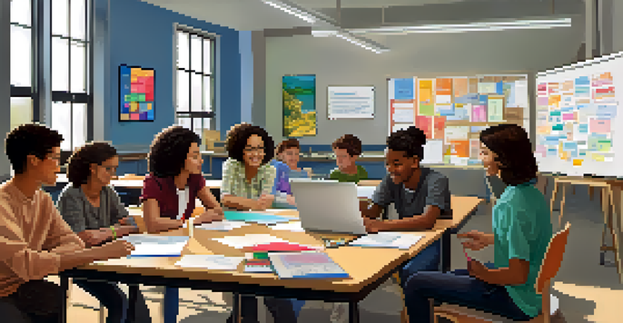 A lively classroom with diverse students discussing in groups, surrounded by bright educational materials and natural light.