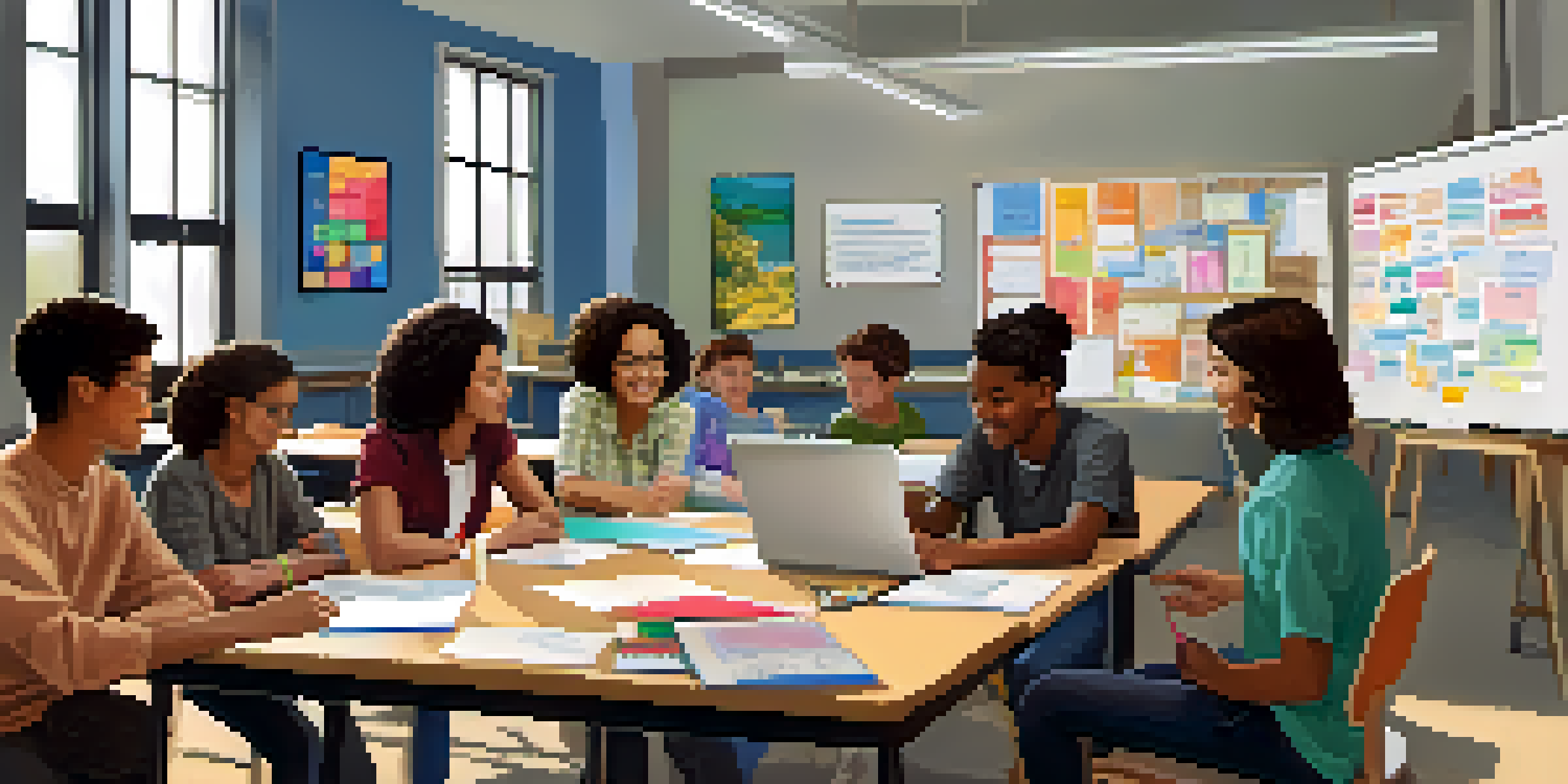 A lively classroom with diverse students discussing in groups, surrounded by bright educational materials and natural light.