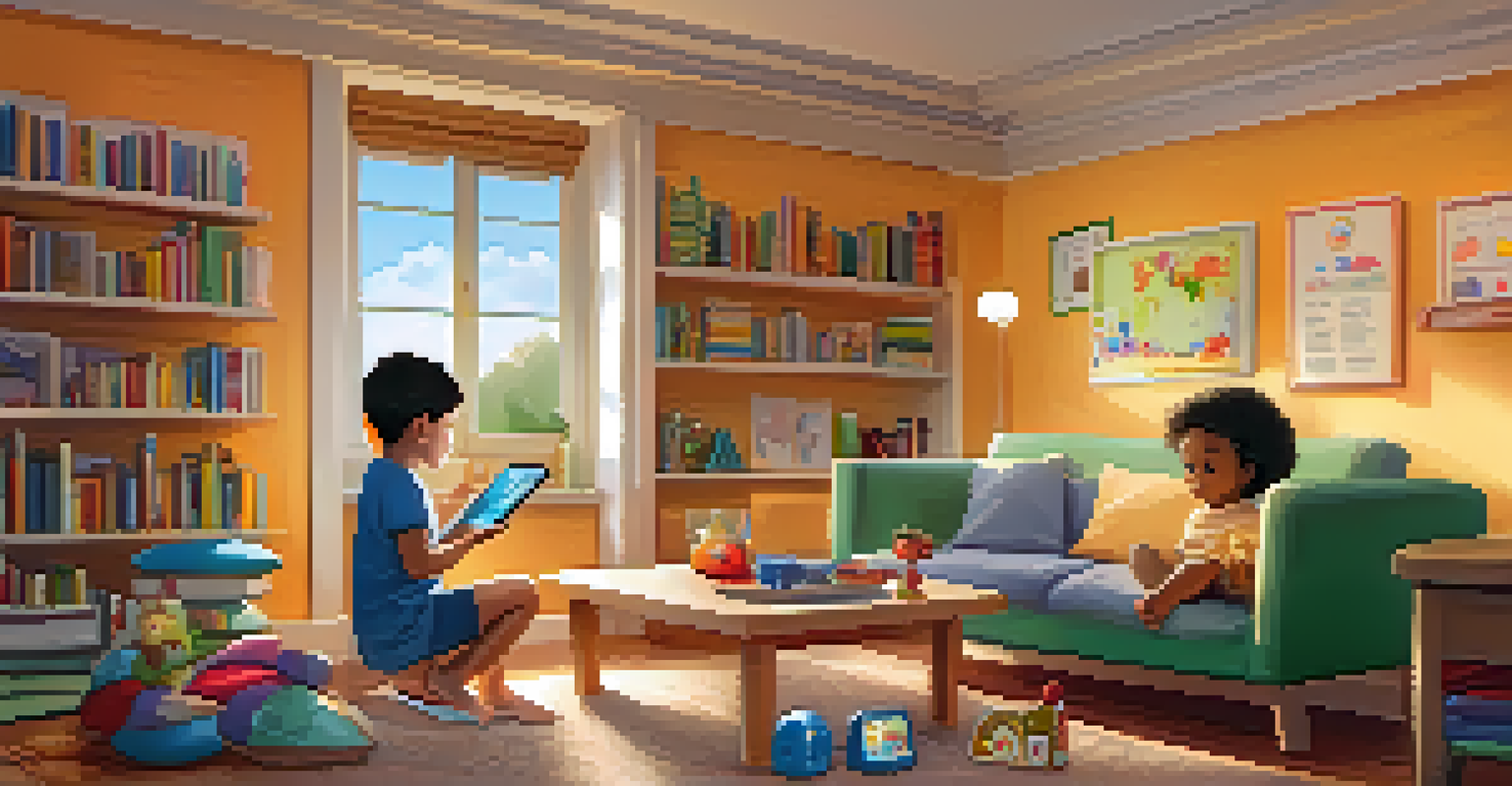 A child in a cozy living room using a tablet for language learning, with animated translations and pronunciations appearing above objects in the room.