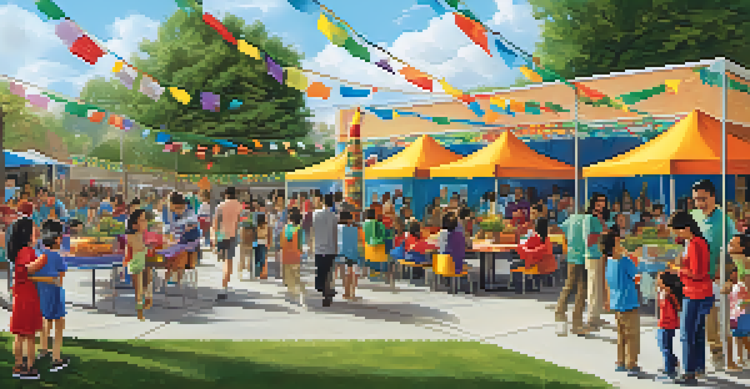 A school family night event with parents and children at cultural booths, featuring decorations and educators interacting with families.