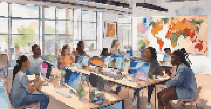 A diverse group of students collaborating online, surrounded by laptops and cultural posters, with a video call on the screen.