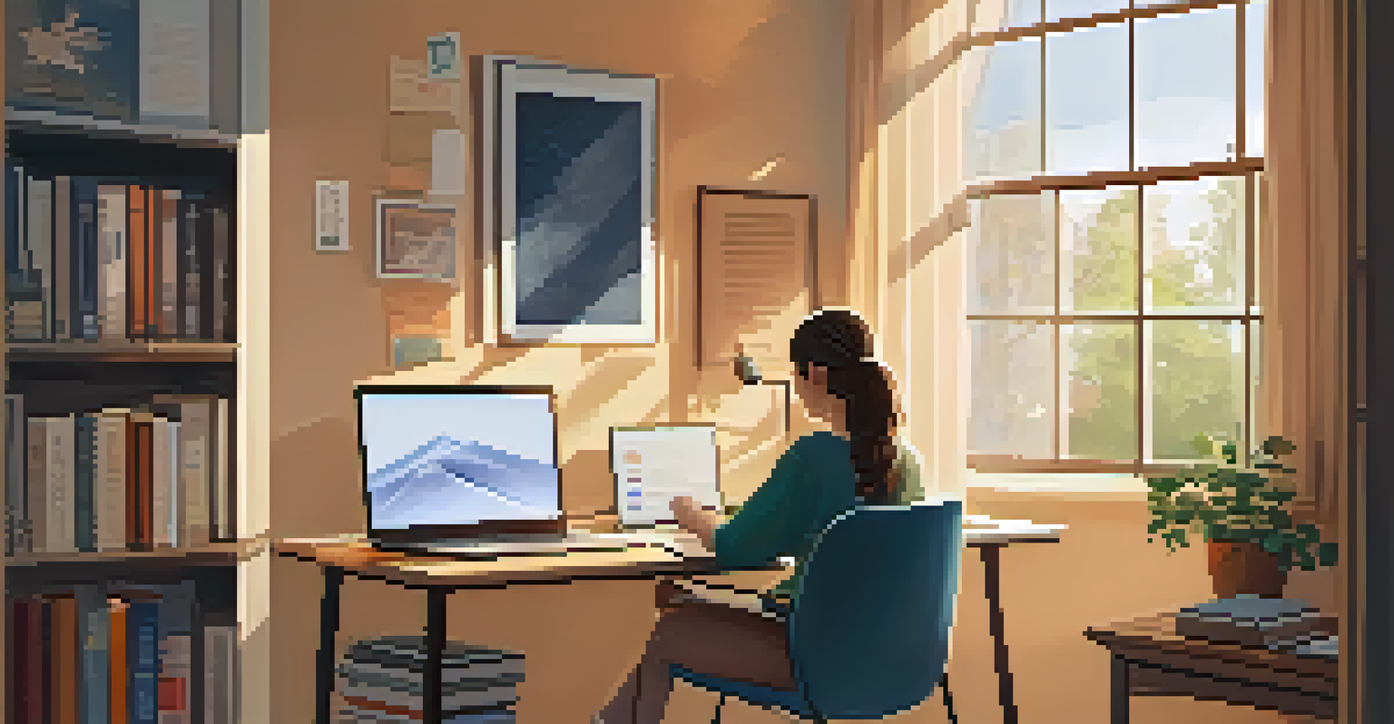 A student studying at home in a cozy space, with books and a laptop, emphasizing the online learning experience and peer support.
