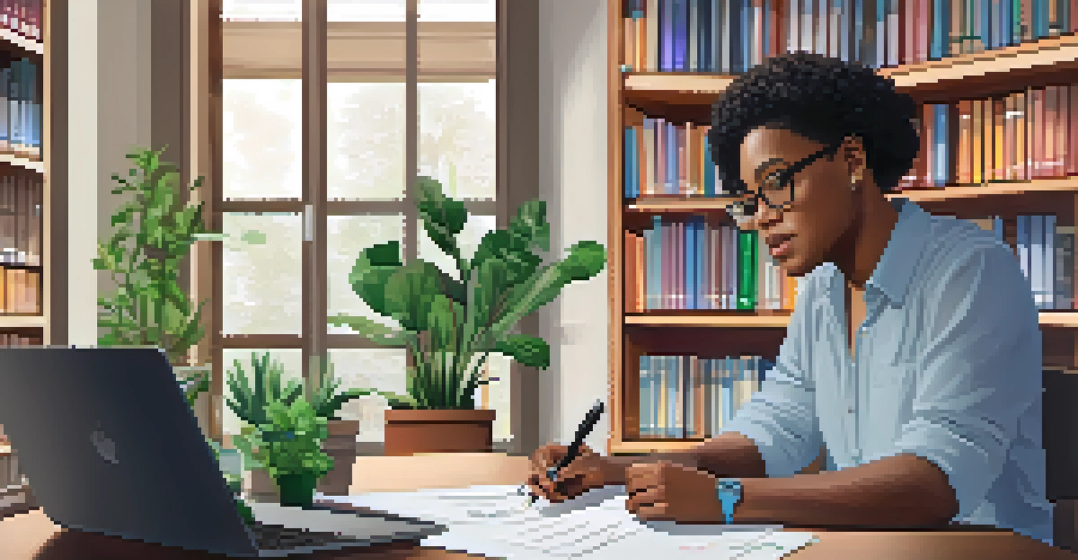 An adult learner focused on a blended workshop, with a laptop open and notes beside them in a cozy study space.