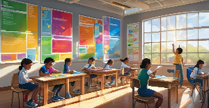 A lively classroom with students participating in a gamified learning activity, surrounded by educational materials and a digital leaderboard.