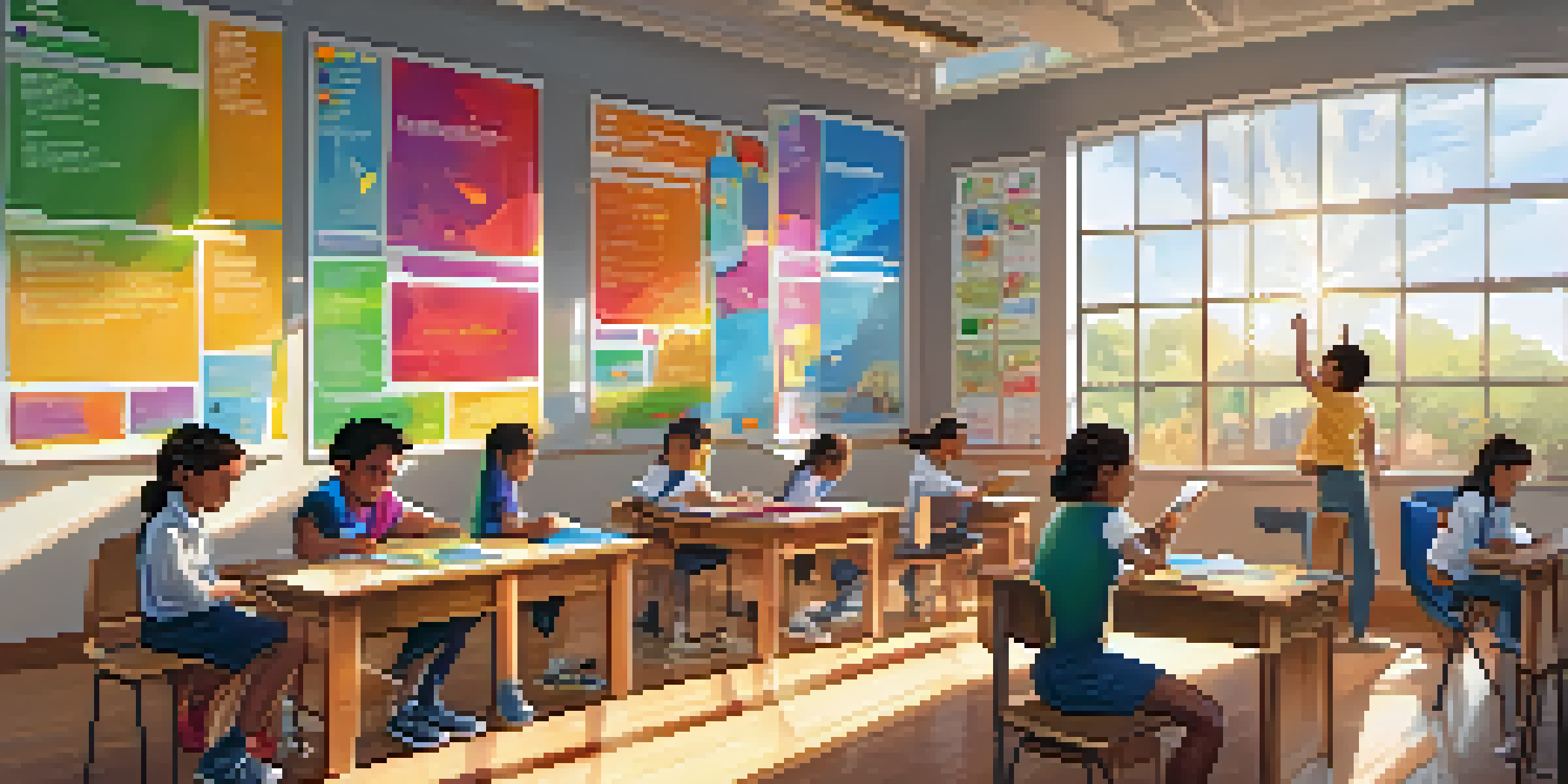 A lively classroom with students participating in a gamified learning activity, surrounded by educational materials and a digital leaderboard.