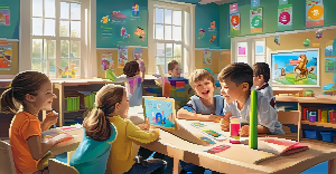 A bright classroom with children engaging with augmented reality flashcards, showing 3D animals and letters.