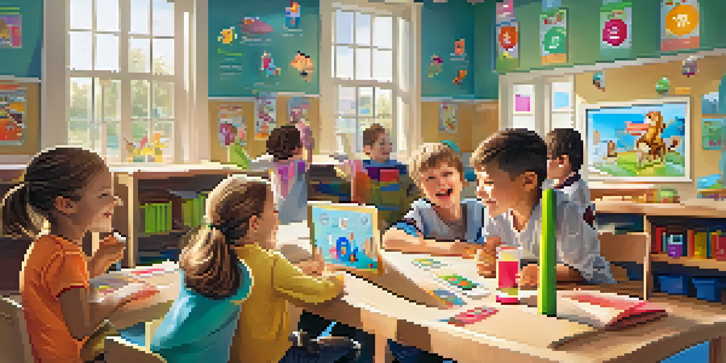 A bright classroom with children engaging with augmented reality flashcards, showing 3D animals and letters.