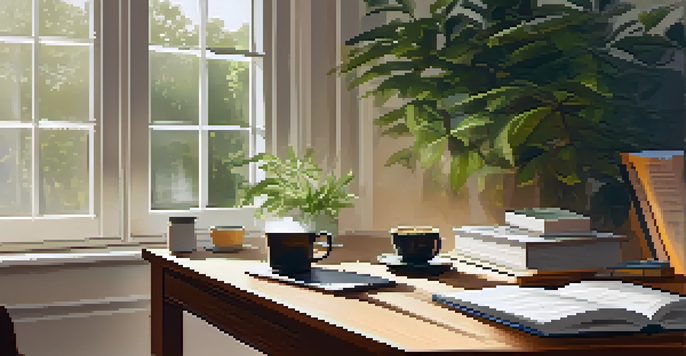 A cozy study space with a laptop, books, houseplants, and a cup of coffee, showcasing a peaceful learning atmosphere.