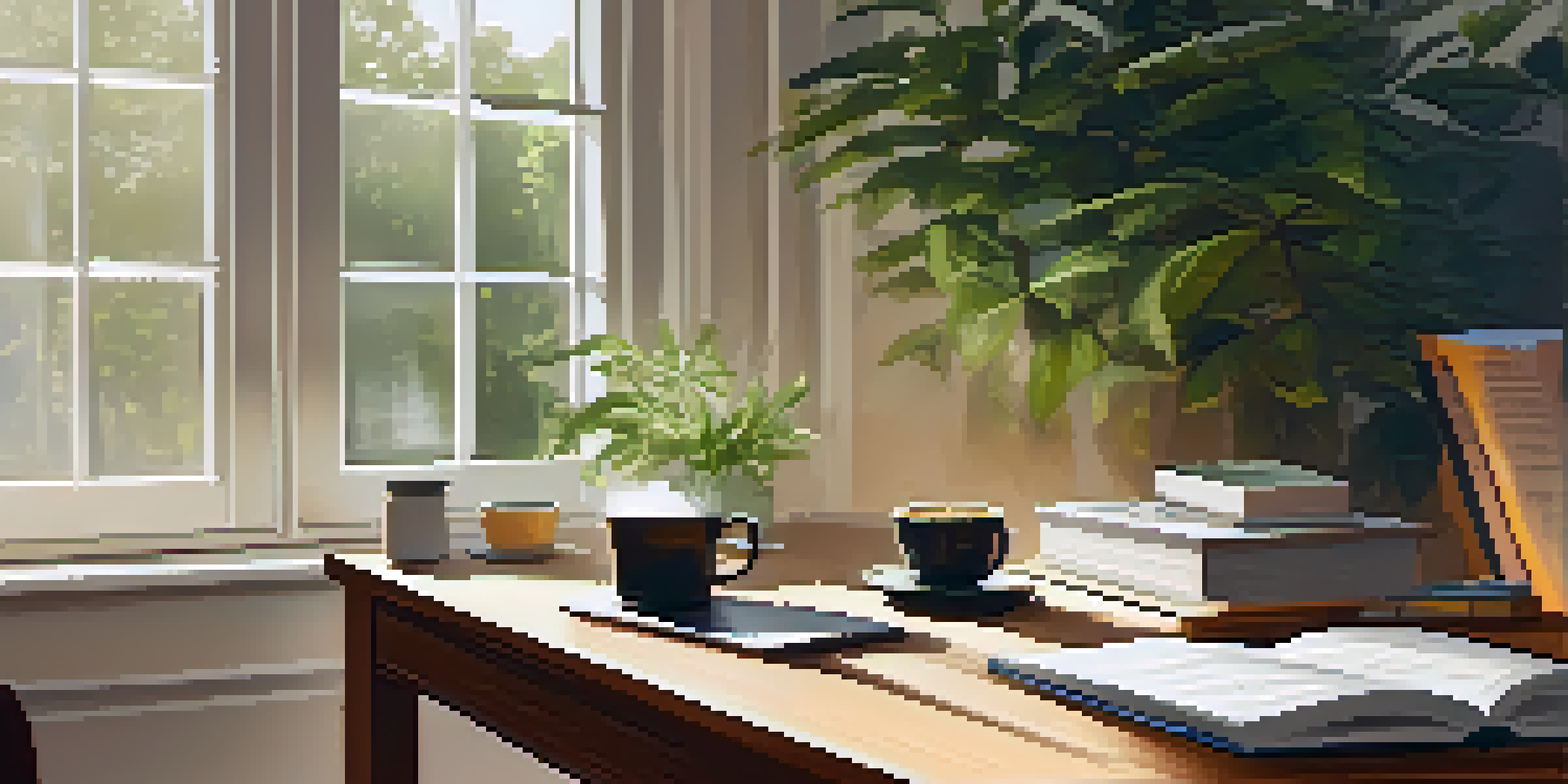 A cozy study space with a laptop, books, houseplants, and a cup of coffee, showcasing a peaceful learning atmosphere.