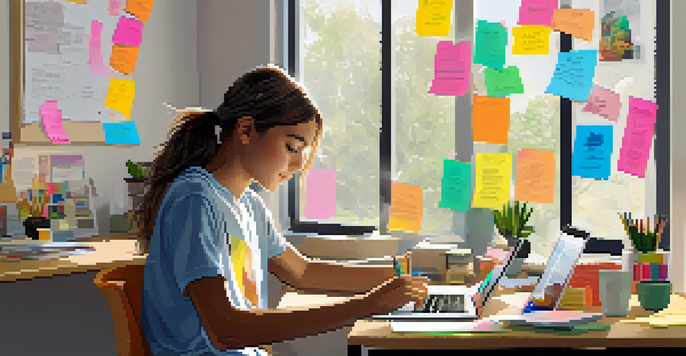 A teenager engaging with digital devices at a desk, showcasing a vibrant, organized workspace with educational elements.