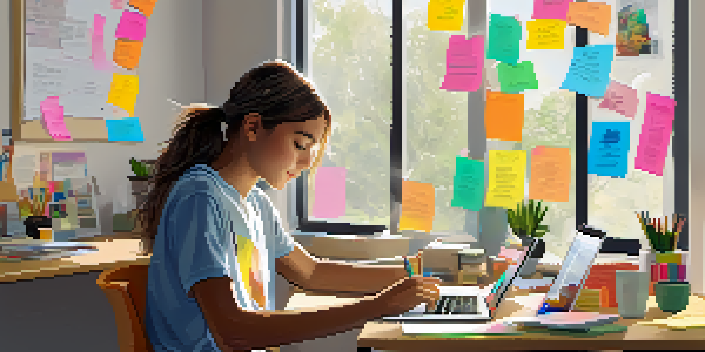 A teenager engaging with digital devices at a desk, showcasing a vibrant, organized workspace with educational elements.