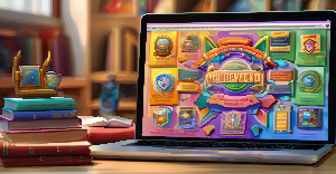 A digital badge displayed on a computer screen, surrounded by books, a laptop, and a trophy, with warm lighting in a cozy study room.
