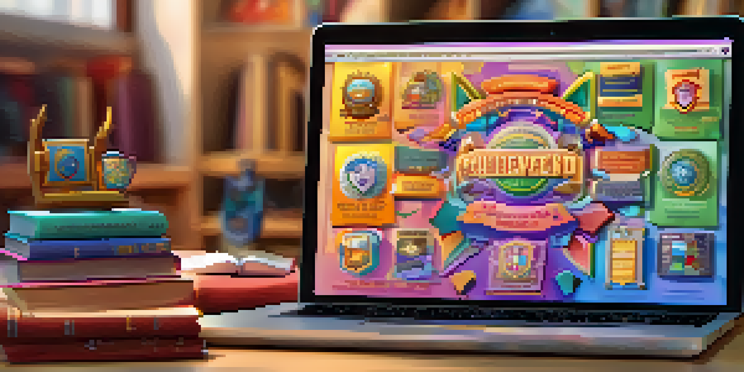 A digital badge displayed on a computer screen, surrounded by books, a laptop, and a trophy, with warm lighting in a cozy study room.