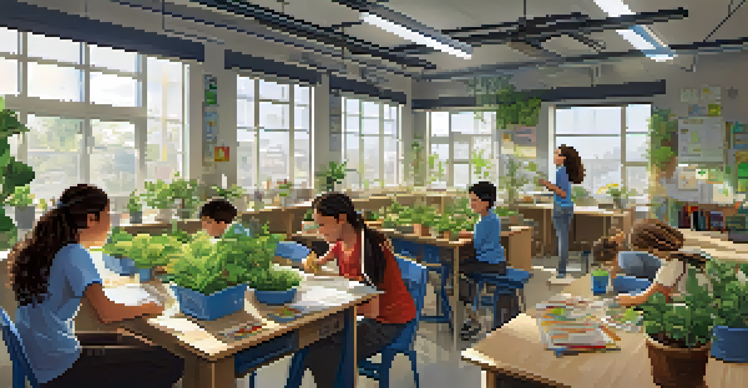 Students in a classroom working on a sustainability project, with plants and educational materials around them.