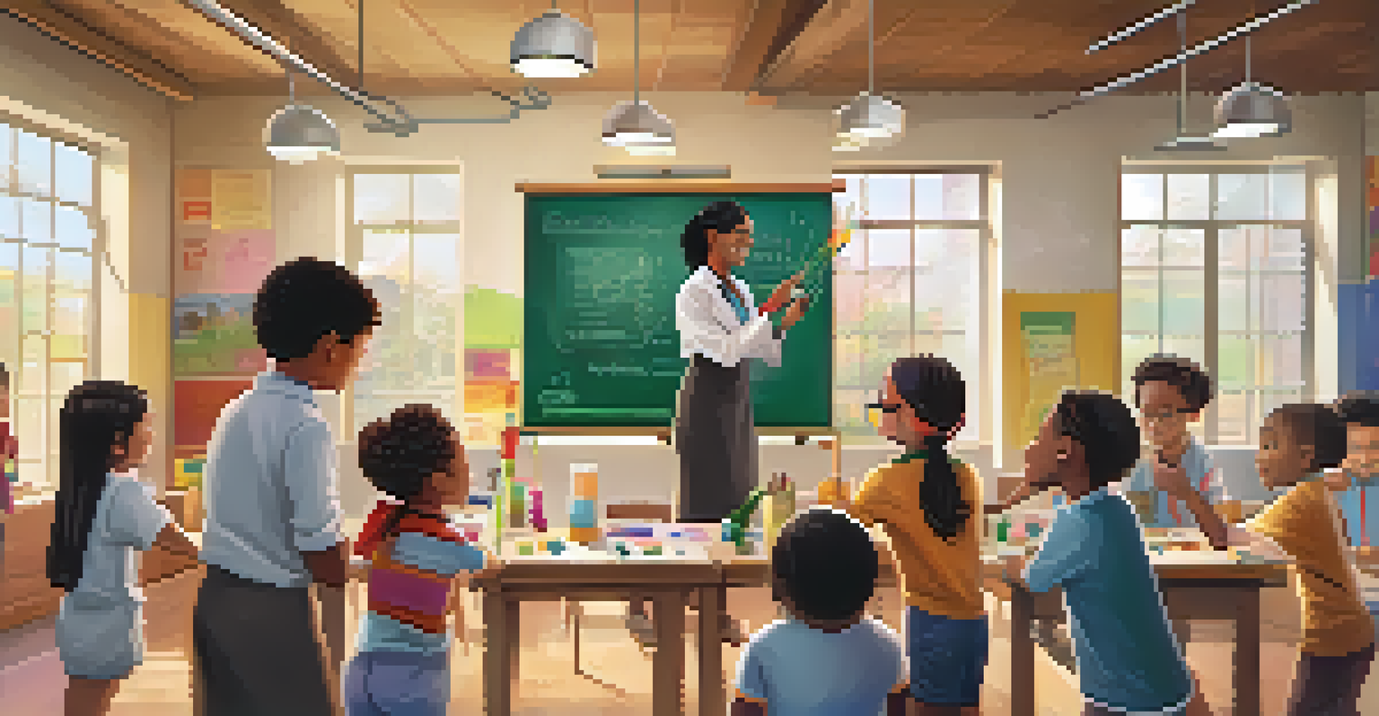 A teacher demonstrating a science experiment to a small group of engaged students in a colorful classroom.