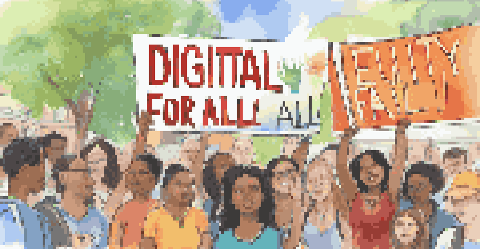 A student's hand holding a sign that promotes digital equity at a community event with supporters in the background.