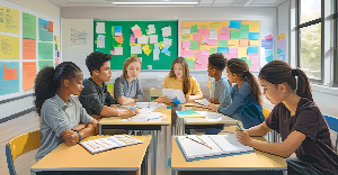 A diverse group of students working together in a bright classroom, sharing ideas with expressions of focus and empathy.