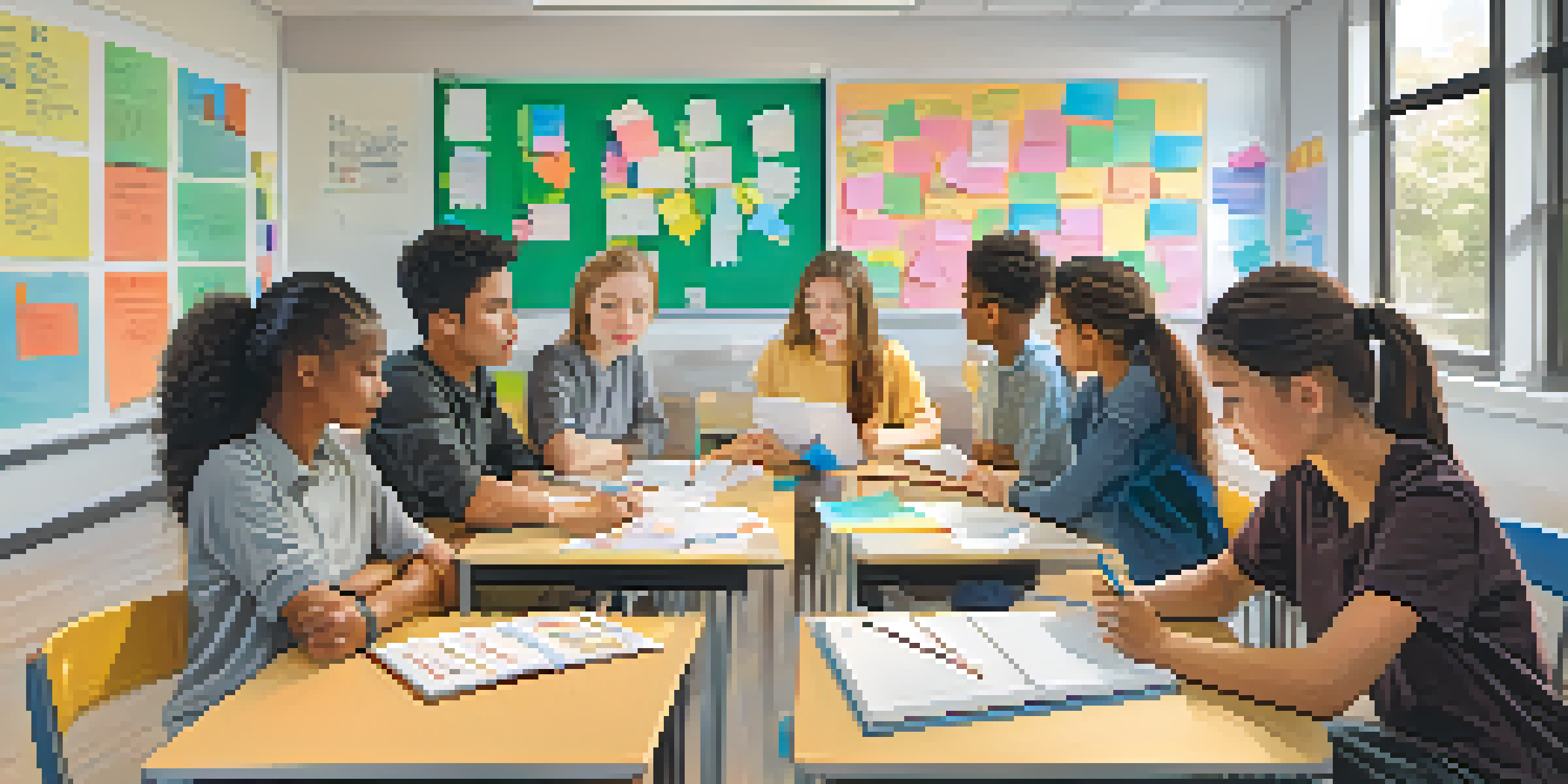 A diverse group of students working together in a bright classroom, sharing ideas with expressions of focus and empathy.