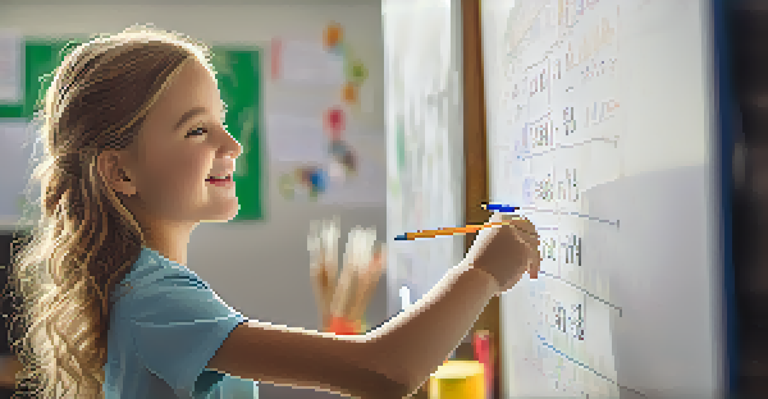 A young girl smiling after solving a math problem on a whiteboard, surrounded by motivational posters.