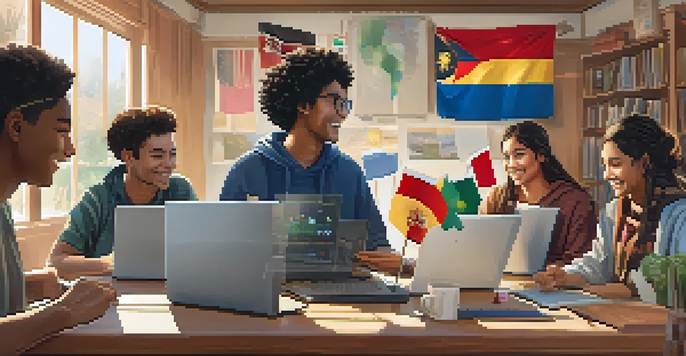 A colorful study room with diverse students participating in a virtual language exchange, surrounded by cultural artifacts.