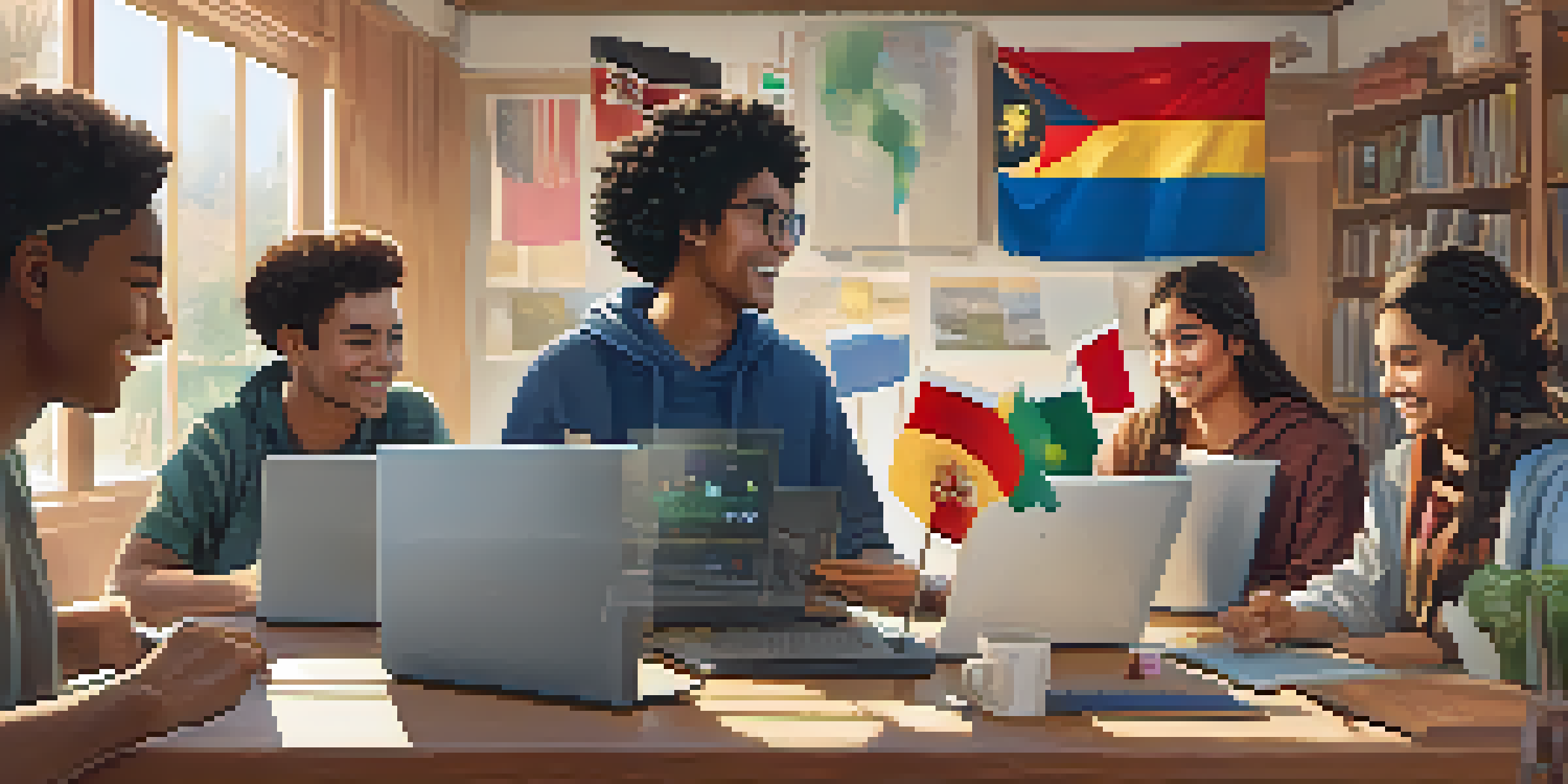 A colorful study room with diverse students participating in a virtual language exchange, surrounded by cultural artifacts.