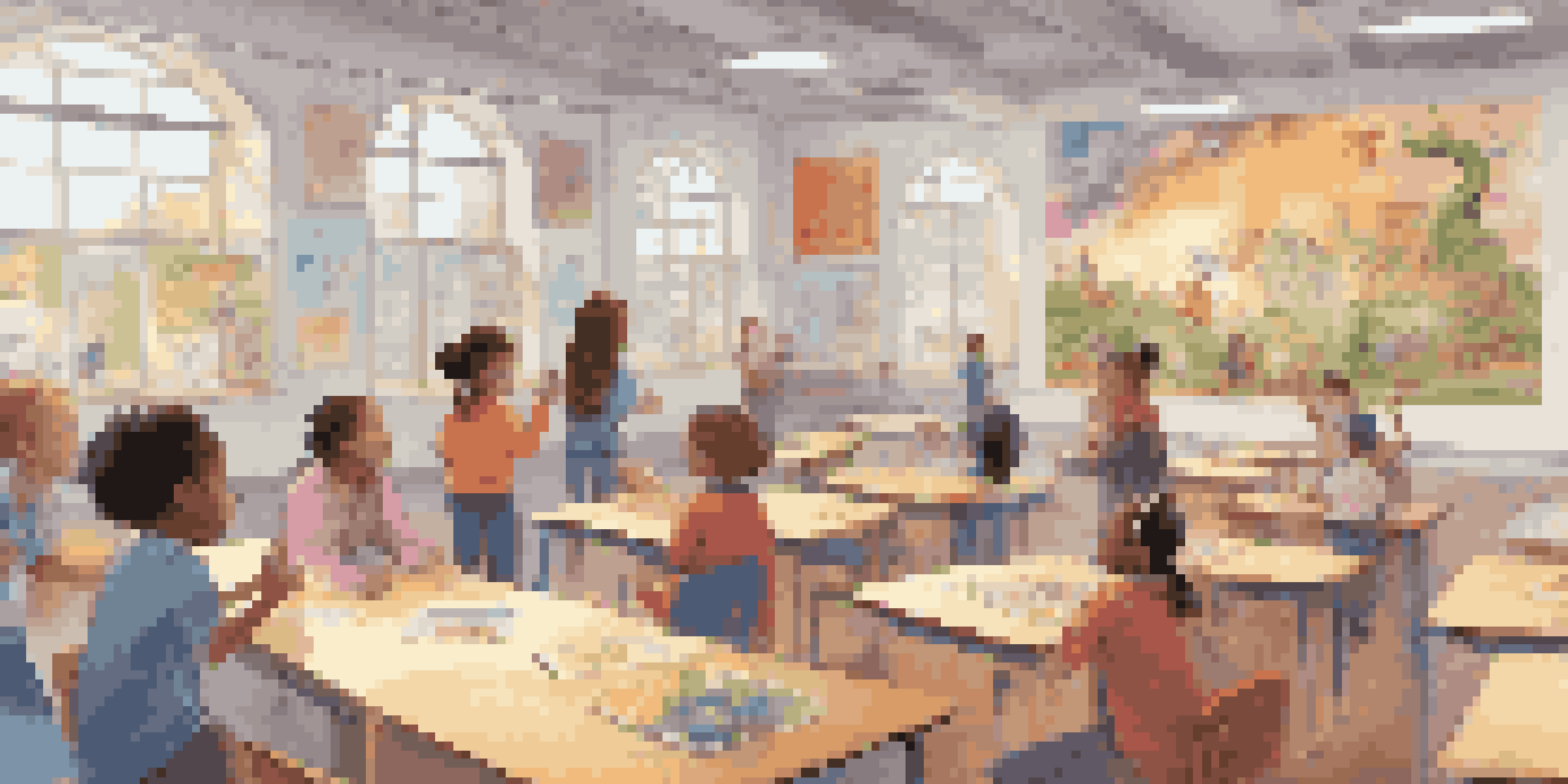 A vibrant classroom with students using augmented reality devices, animated characters from a storybook hovering above the pages they read.