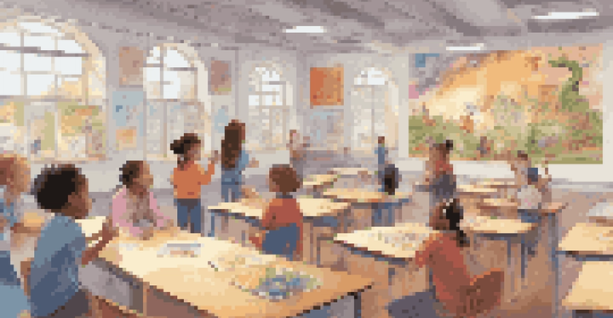 A vibrant classroom with students using augmented reality devices, animated characters from a storybook hovering above the pages they read.