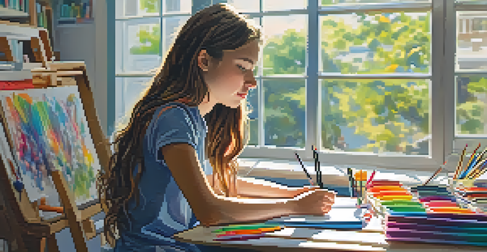 A teenage girl in a classroom drawing on a sketchpad with colorful art supplies around her, sunlight streaming through the windows.