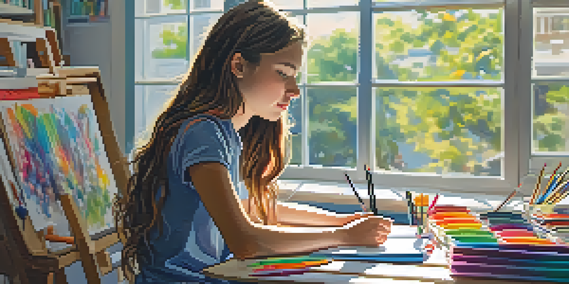A teenage girl in a classroom drawing on a sketchpad with colorful art supplies around her, sunlight streaming through the windows.