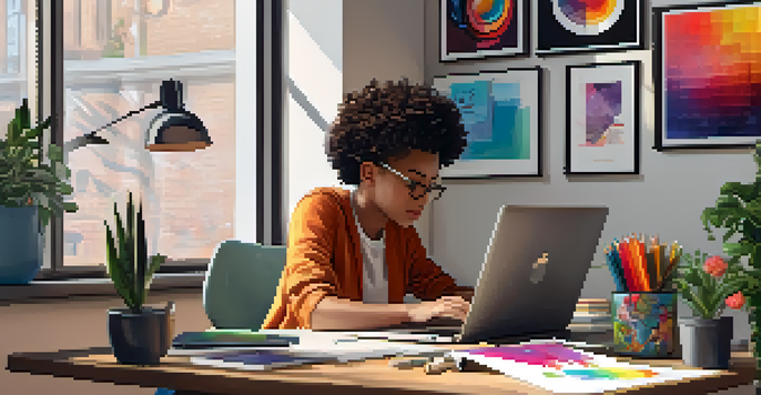 A student working on a digital portfolio at a desk, surrounded by art supplies and bright posters in a well-lit room.