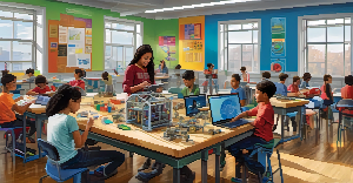 A classroom filled with diverse students working together on a STEM project with robotics kits and laptops, illuminated by natural light from large windows.