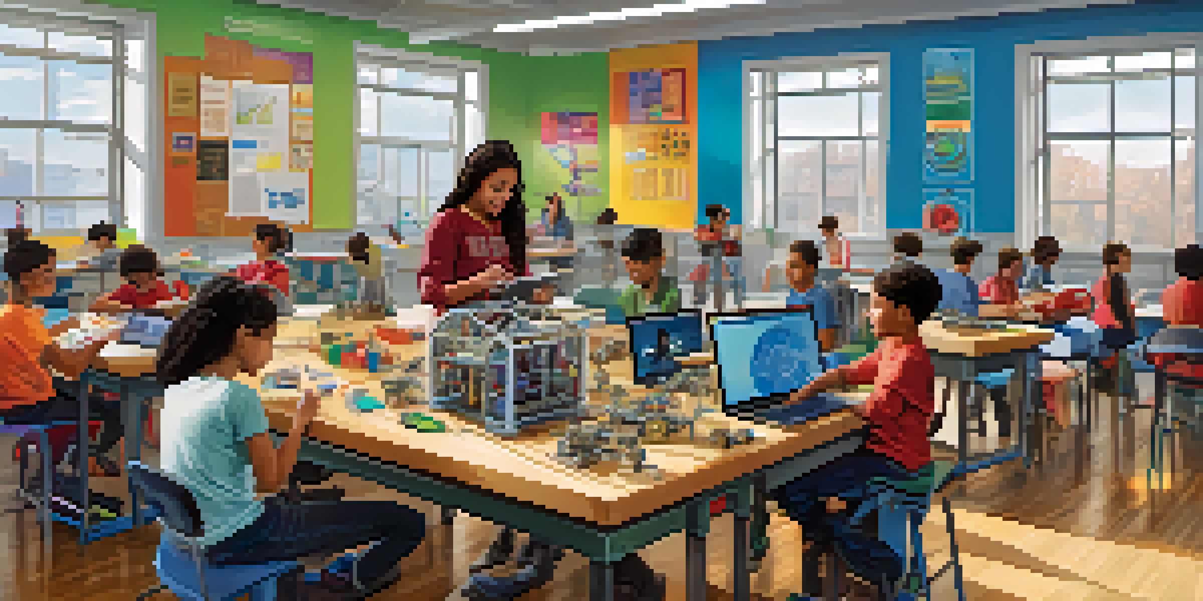 A classroom filled with diverse students working together on a STEM project with robotics kits and laptops, illuminated by natural light from large windows.