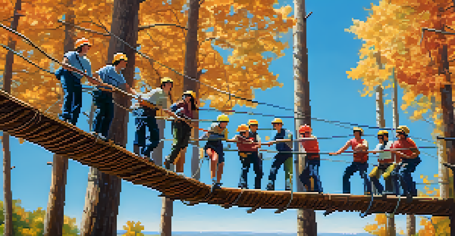 Participants on a ropes course showing determination and trust as they navigate challenges together, with trees and a blue sky in the background.