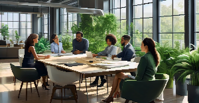 A diverse team of professionals collaborating in a well-lit office, surrounded by plants and natural light.