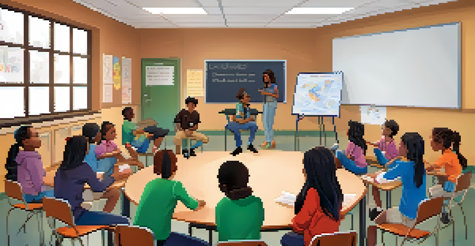 A debrief session in a classroom with students and a teacher discussing feelings after a crisis drill.