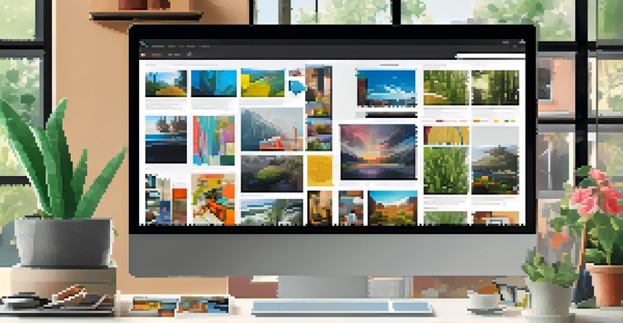 A laptop displaying a vibrant digital portfolio with various multimedia elements, set in a bright and inviting workspace.