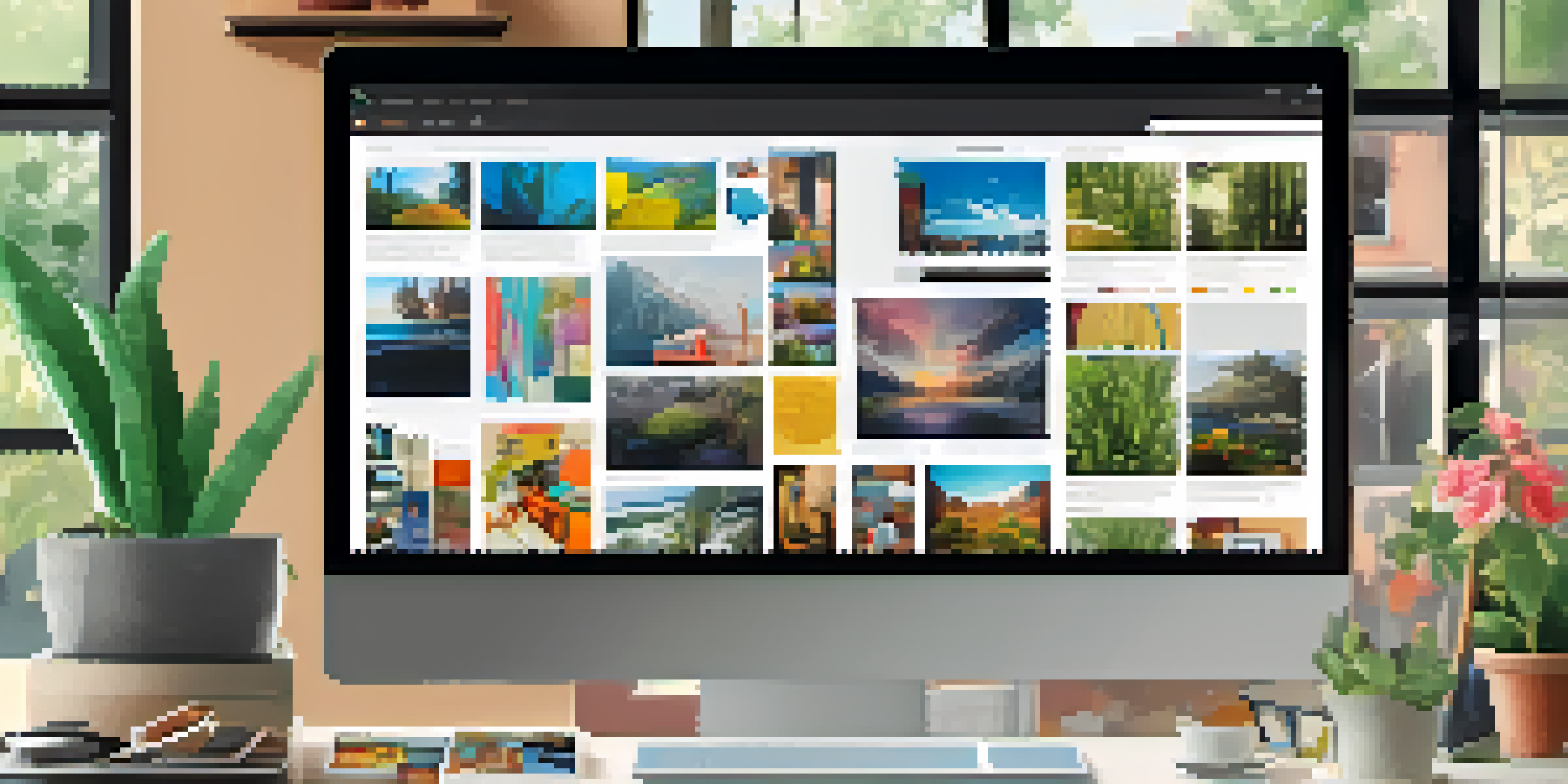 A laptop displaying a vibrant digital portfolio with various multimedia elements, set in a bright and inviting workspace.