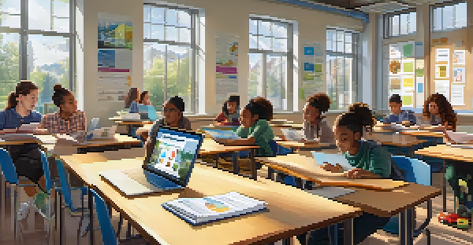 A bright classroom with students of diverse backgrounds using tablets and laptops for digital assessments, surrounded by educational posters.