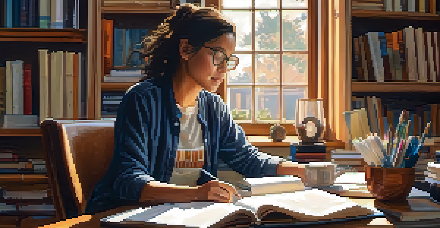 An adult learner studying at a desk in a cozy, well-lit room with educational resources around.