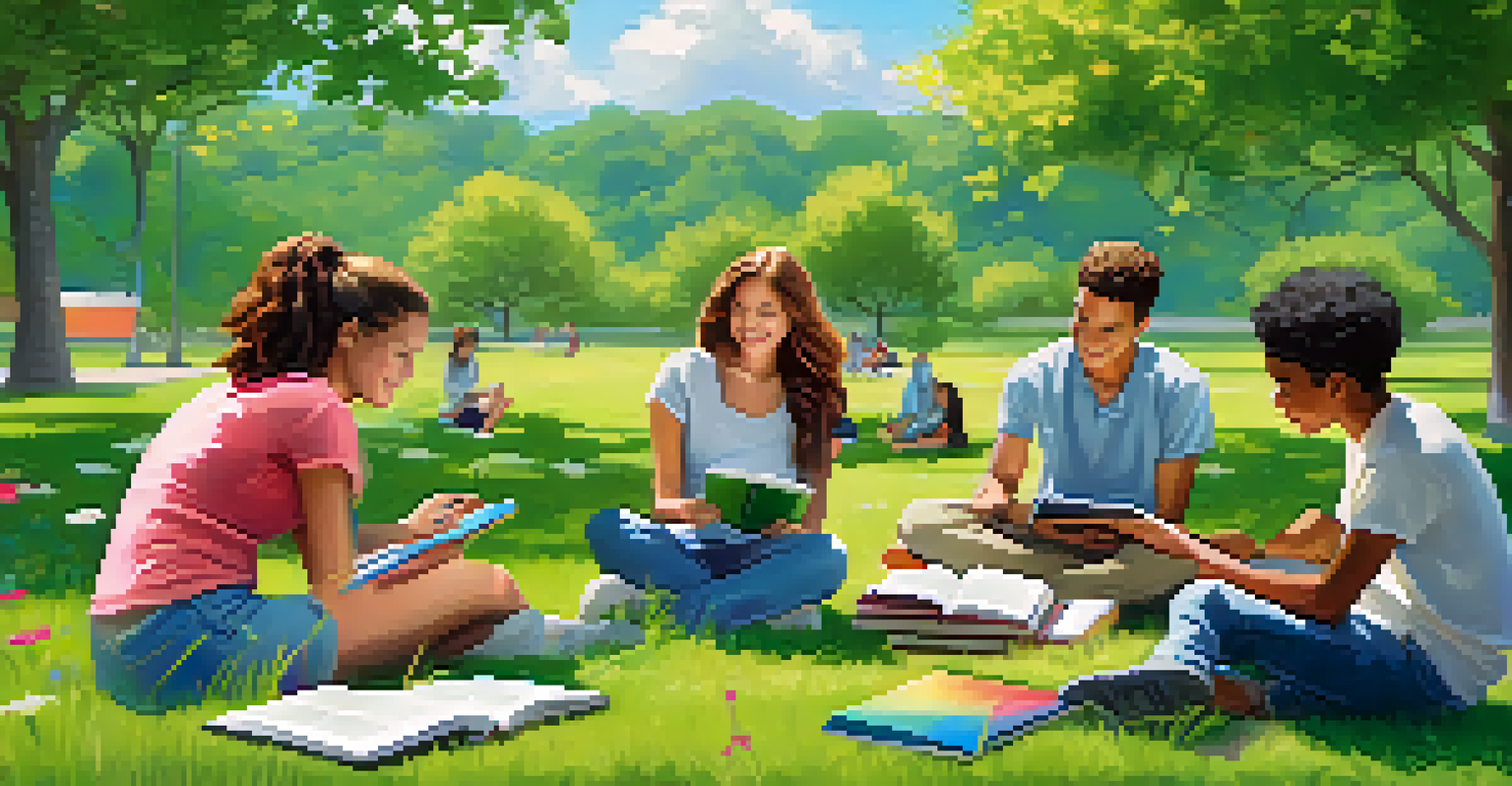 Students sitting on grass outdoors, studying together with textbooks and tablets, surrounded by greenery and flowers.