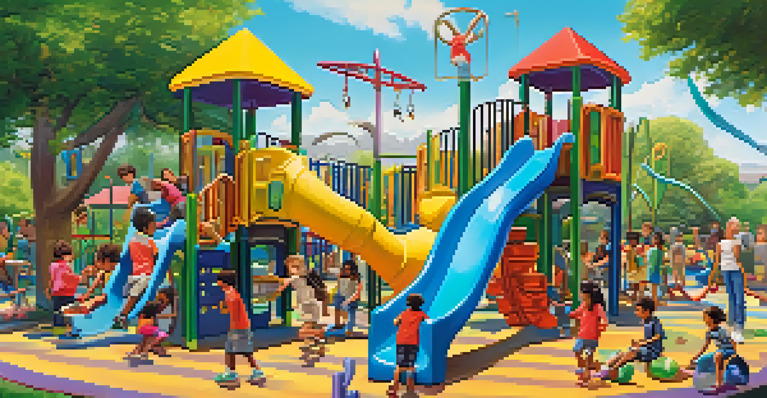 Children of various backgrounds playing together on a playground, with parents supervising and a sunny sky overhead.