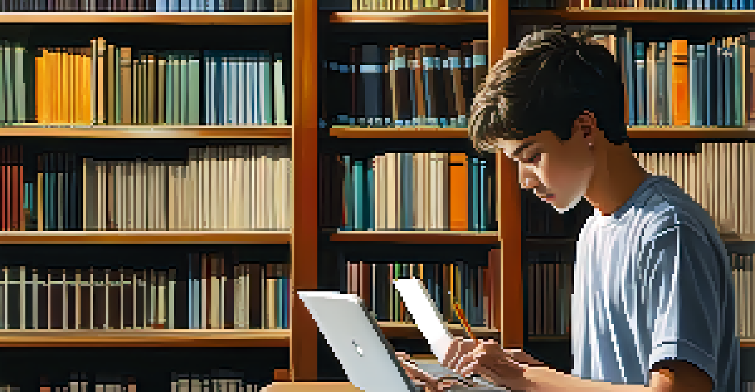 A high school student concentrating on their laptop at a library, with bookshelves and natural light in the background.