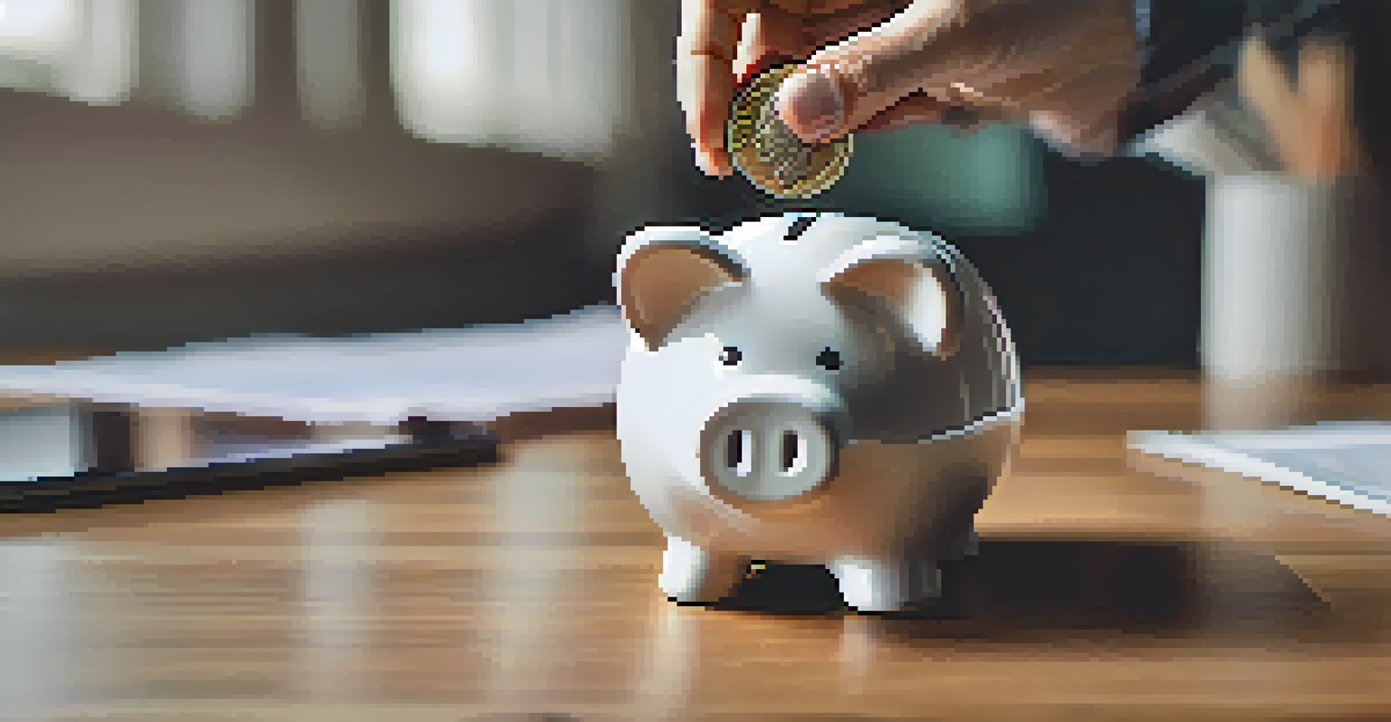 A hand placing coins into a clear piggy bank on a wooden table, with soft-focus financial documents and a smartphone displaying a savings app in the background.